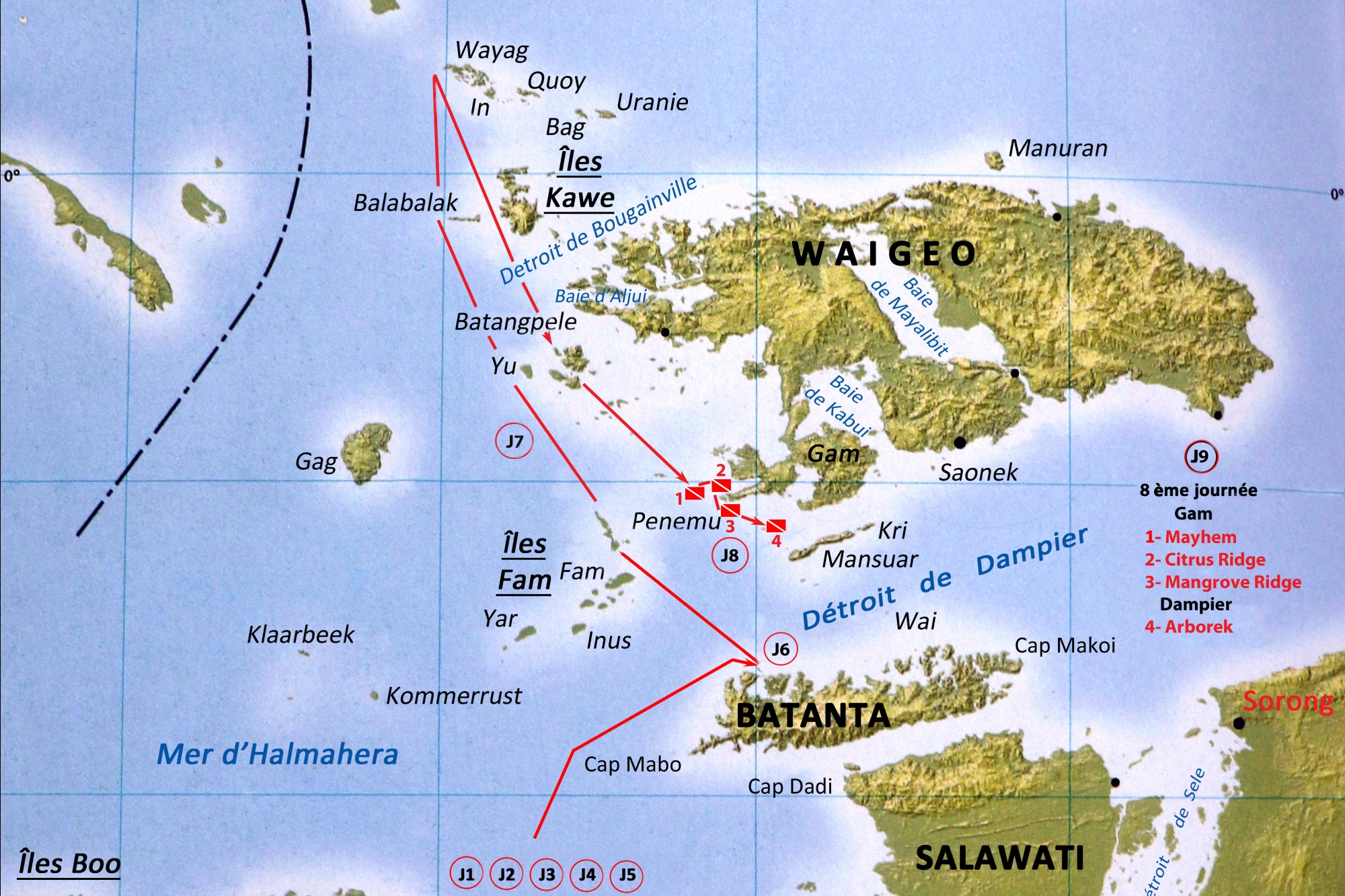 Les 4 plongées, dimanche 3 plongées sur Pulau Gam et 1 dans le détroit de Dampier