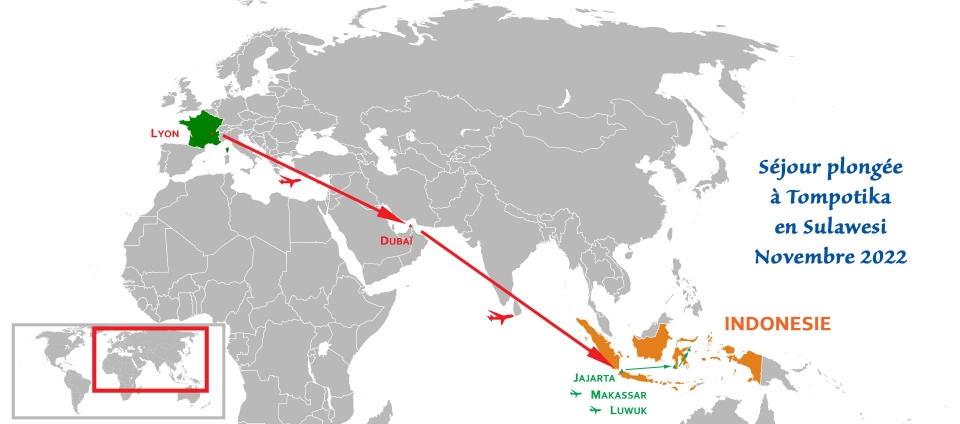 Trajet de la France (Lyon) à la Sulawesi (Tompotika)