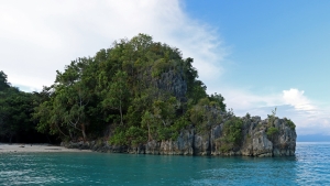 Forêt tropicale humide dominant les rochers délimitant une plage de Pulau Laigoma